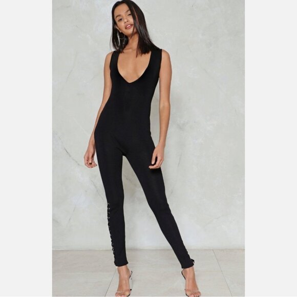 Lely Wood x Nasty Gal Lace-Up To No Good Reversible Unitard Jumpsuit - Picture 2 of 3